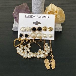 Gold Tone Hoop Stud Dangle Earrings 6 Pairs